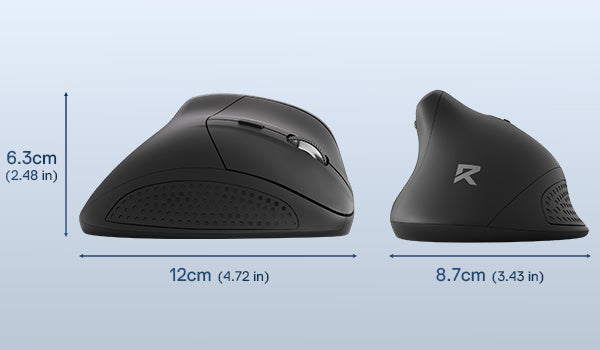 Two black Redragon ergonomic mice with measurements on a light blue background