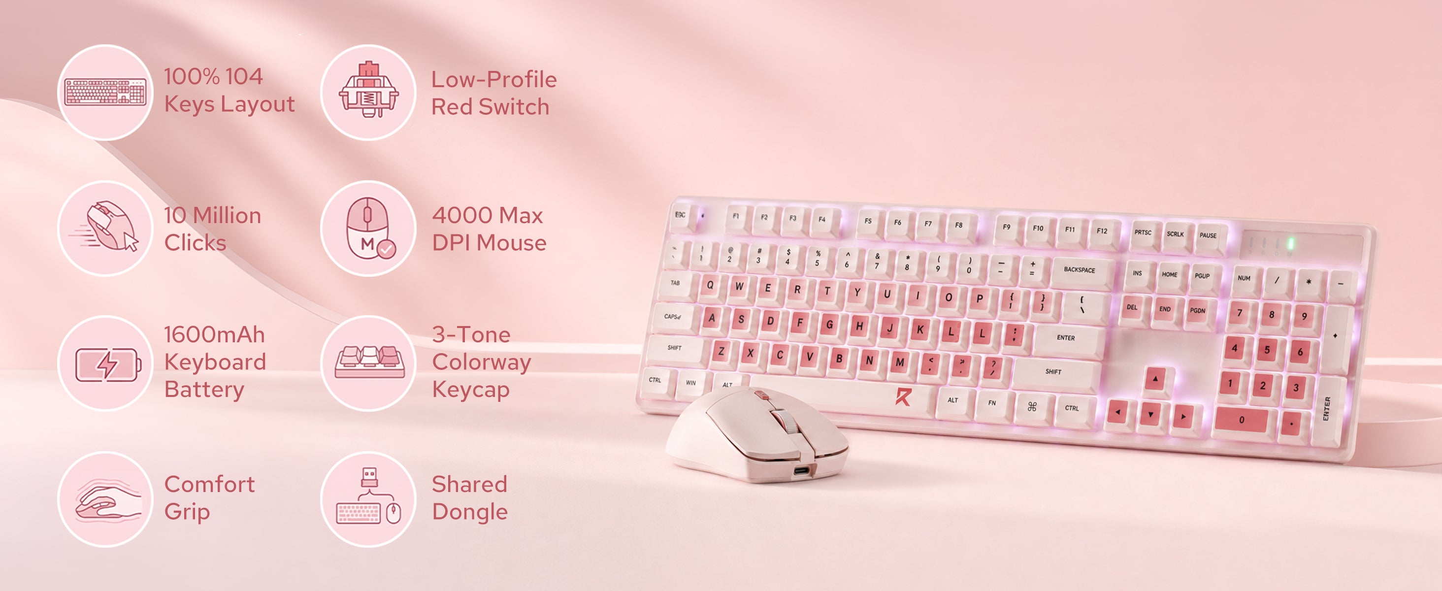 A pink and white wireless keyboard and mouse set displayed on a soft pink background with feature...