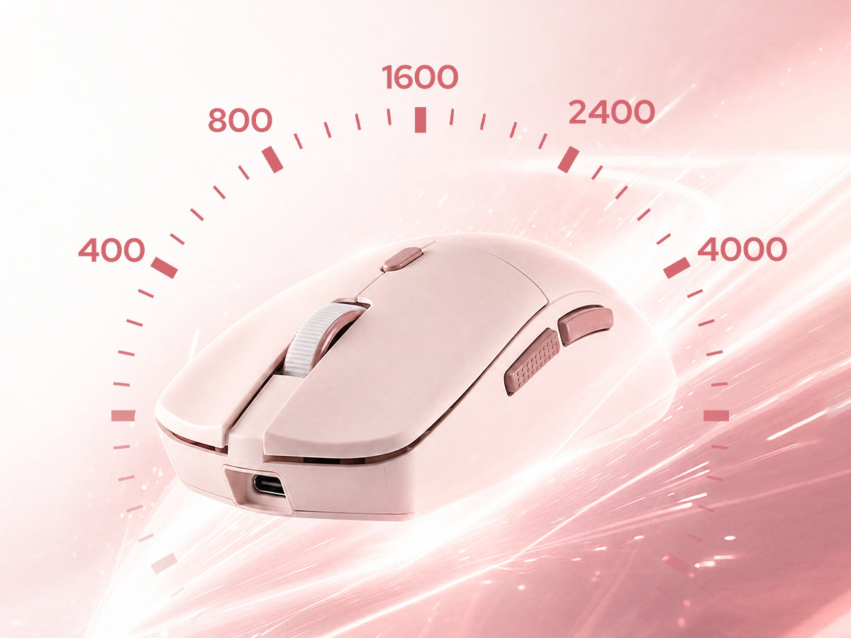 A light pink gaming mouse centered against a glowing pink background with a speedometer graphic s...