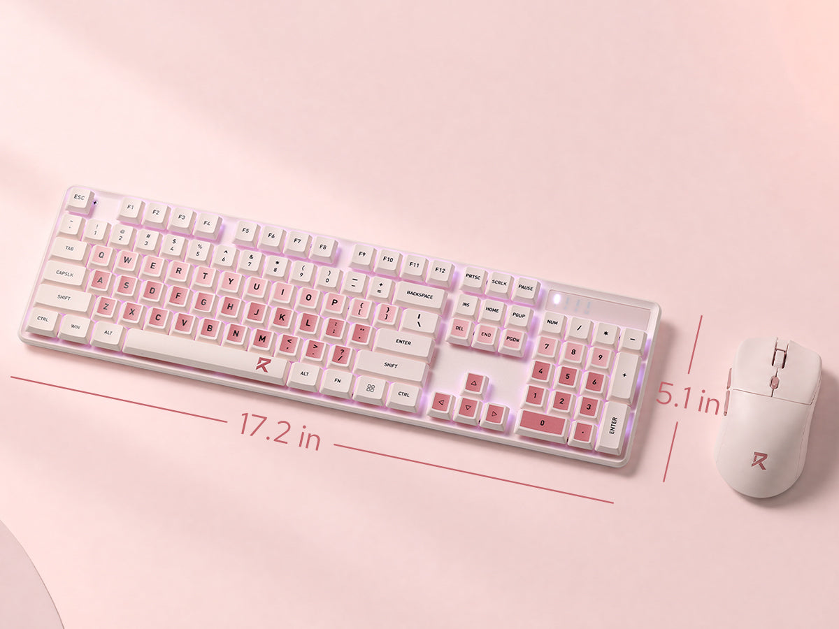 A pink and white mechanical keyboard and matching mouse set on a light pink background, with red ...