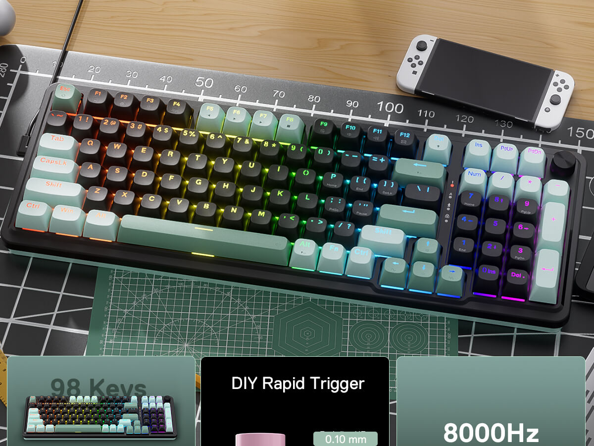 Mechanical keyboard with RGB lighting on a desk, featuring text 'DIY Rapid Trigger' and '8000Hz'.