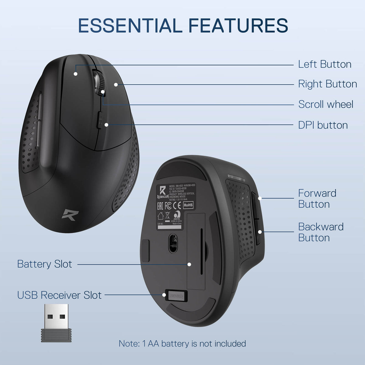 BM-4033 Wireless Vertical Ergonomic Mouse, image 7 of 8