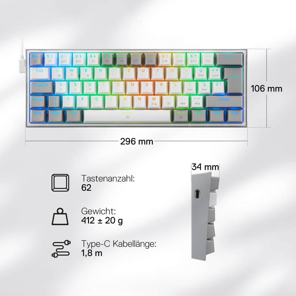FIZZ K617DE 60% Mini mechanische Tastatur – Weiß & Grau, image 6 of 7 - enlarged view