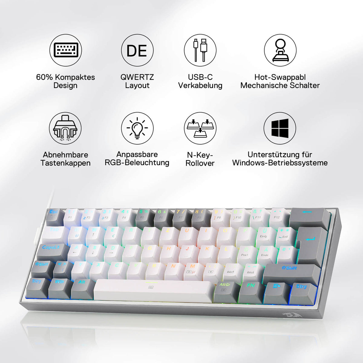 FIZZ K617DE 60% Mini mechanische Tastatur – Weiß & Grau, image 2 of 7