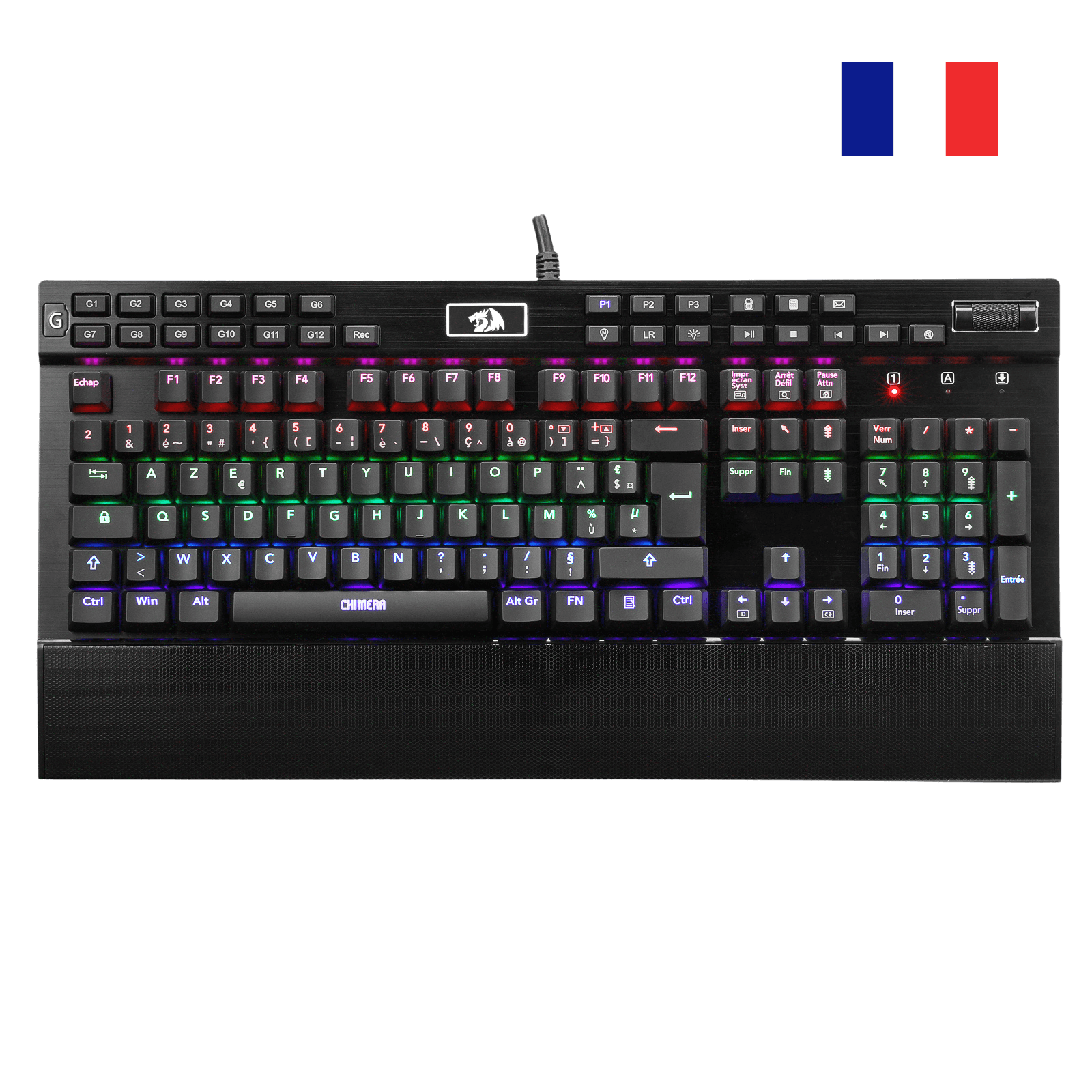 Redragon K550 RGB AZERTY Gaming Keyboard, 104 Keys + 12 Macro G Keys, Wired Mechanical Keyboard, Aluminium Top Plate, Purple Clickable Switch, 2 USB Ports, Wrist Rest, Black