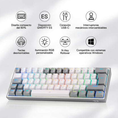 FIZZ K617ES Teclado Mecánico Mini 60% – Blanco y Gris - thumbnail 3