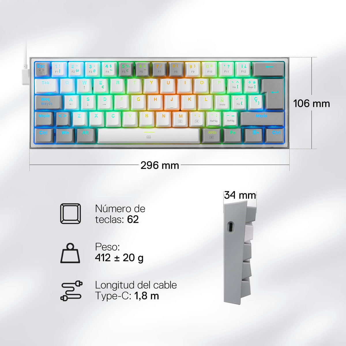 FIZZ K617ES Teclado Mecánico Mini 60% – Blanco y Gris, image 4 of 8 - enlarged view