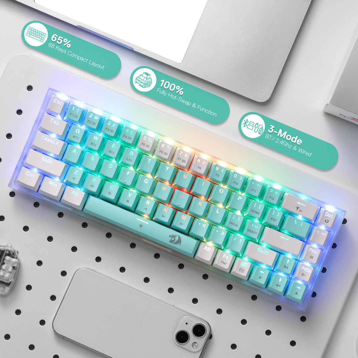(Open-box) CASTOR K631 PRO 65% Mint Wireless Keyboard, image 5 of 9 - enlarged view