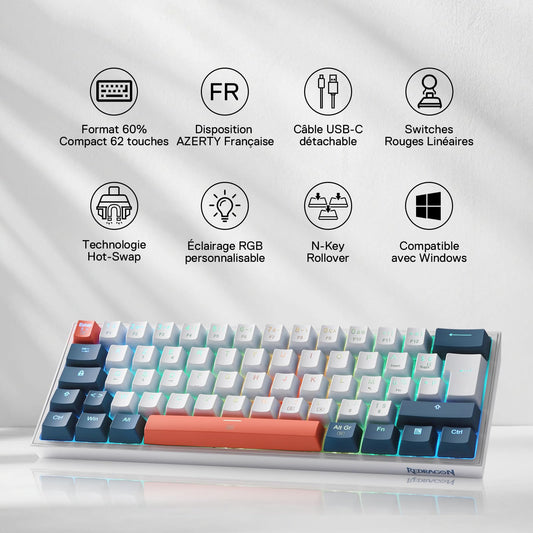 FIZZ K617 60% Clavier Gaming Mécanique AZERTY – Blanc & Bleu - alternate view