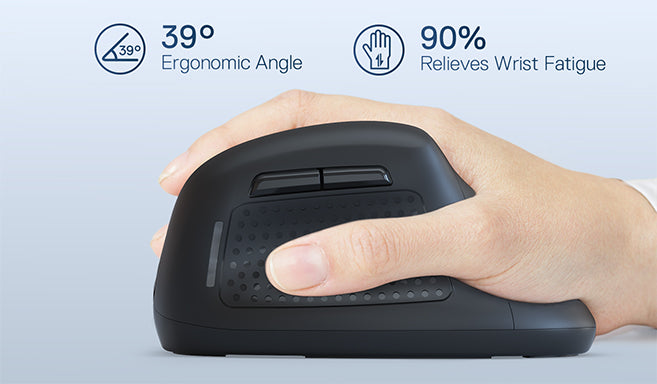 Redragon Ergonomic mouse with text highlighting ergonomic angle and wrist fatigue relief on a lig...