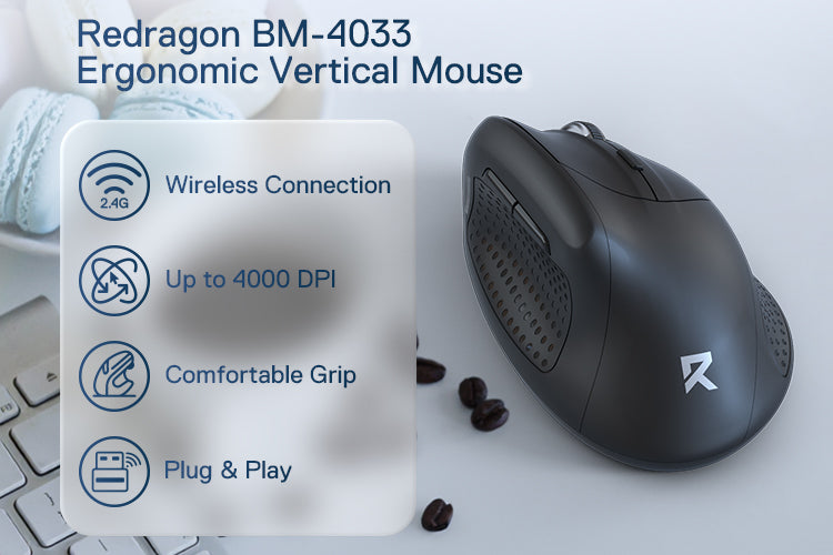 Redragon BM-4033 Wireless Vertical Ergonomic Mouse, 2.4GHz Connection, 5 Levels Up to 4000 DPI, A...