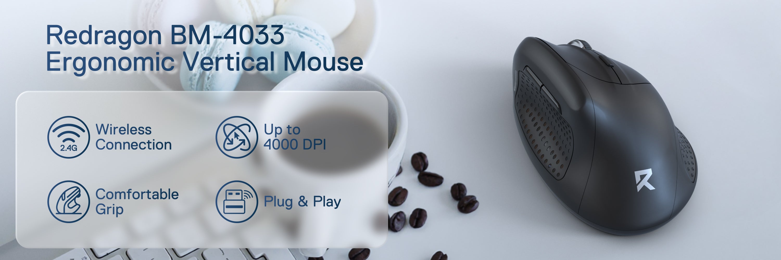 Redragon BM-4033 Wireless Vertical Ergonomic Mouse, 2.4GHz Connection, 5 Levels Up to 4000 DPI, A...