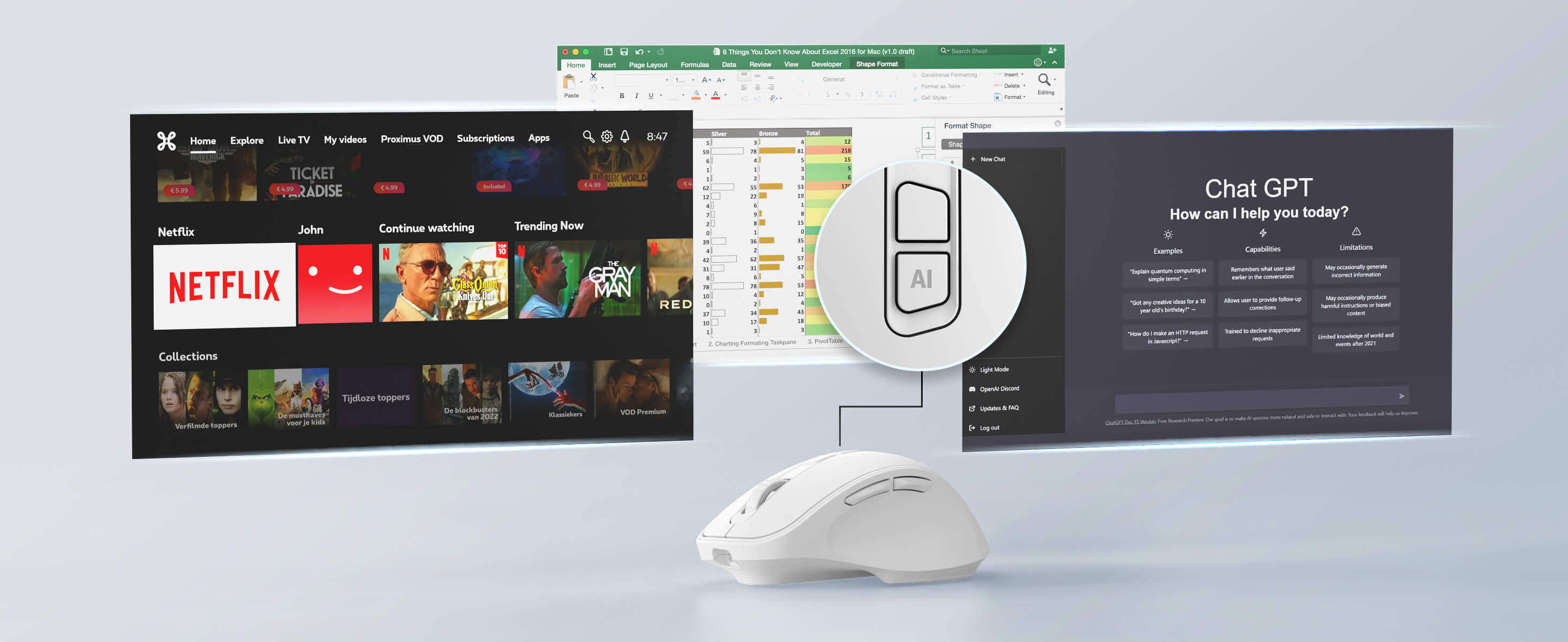 Computer screens displaying Netflix, a calendar app, and a chat interface with Chat GPT on a ligh...