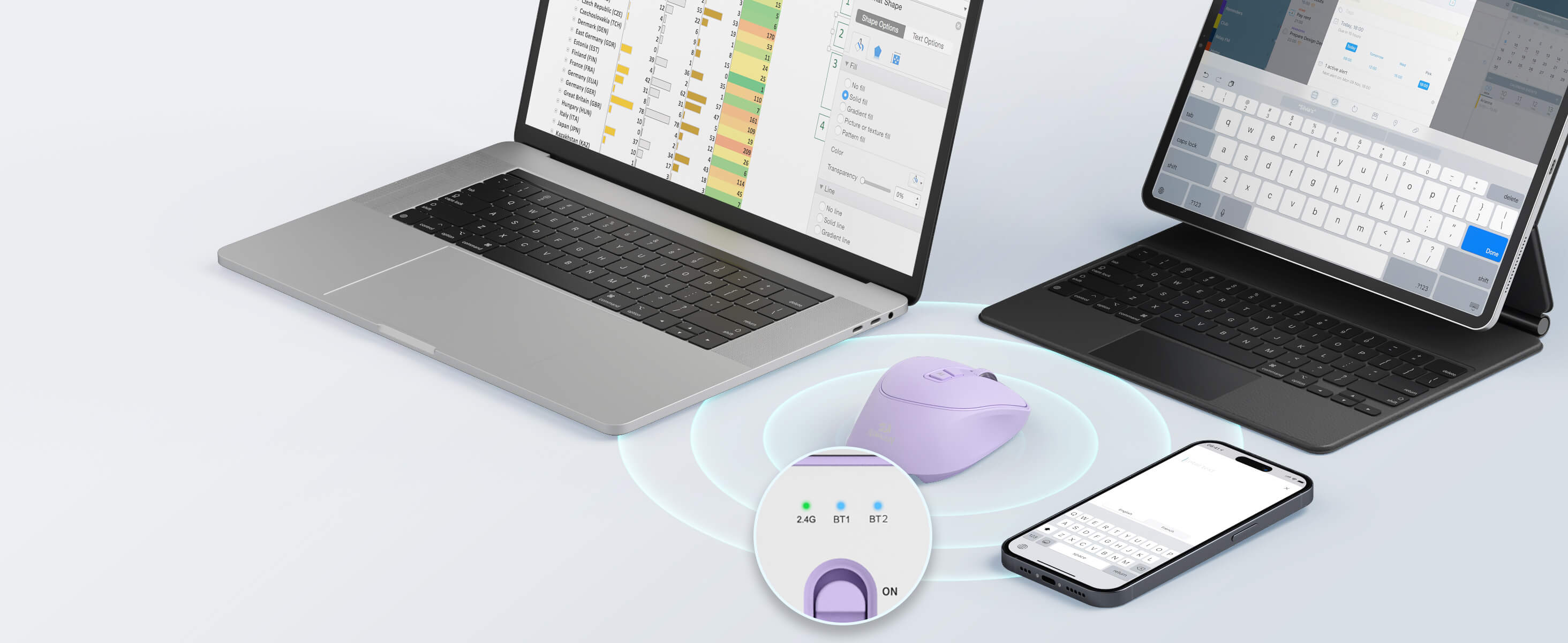 Laptop, tablet, smartphone, and mouse on a white surface with a blurred background
