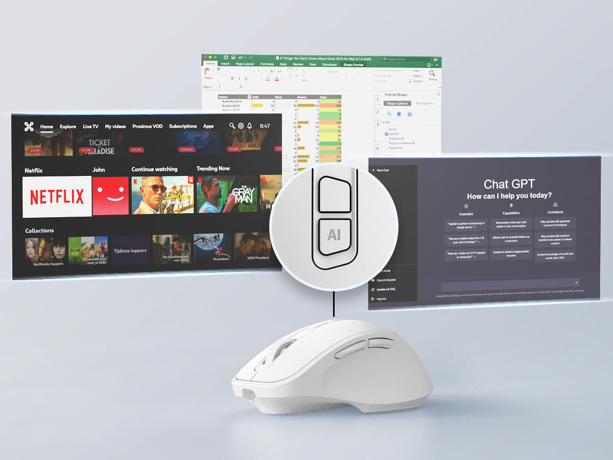White computer mouse on a light gray surface with multiple screens displaying different applicati...