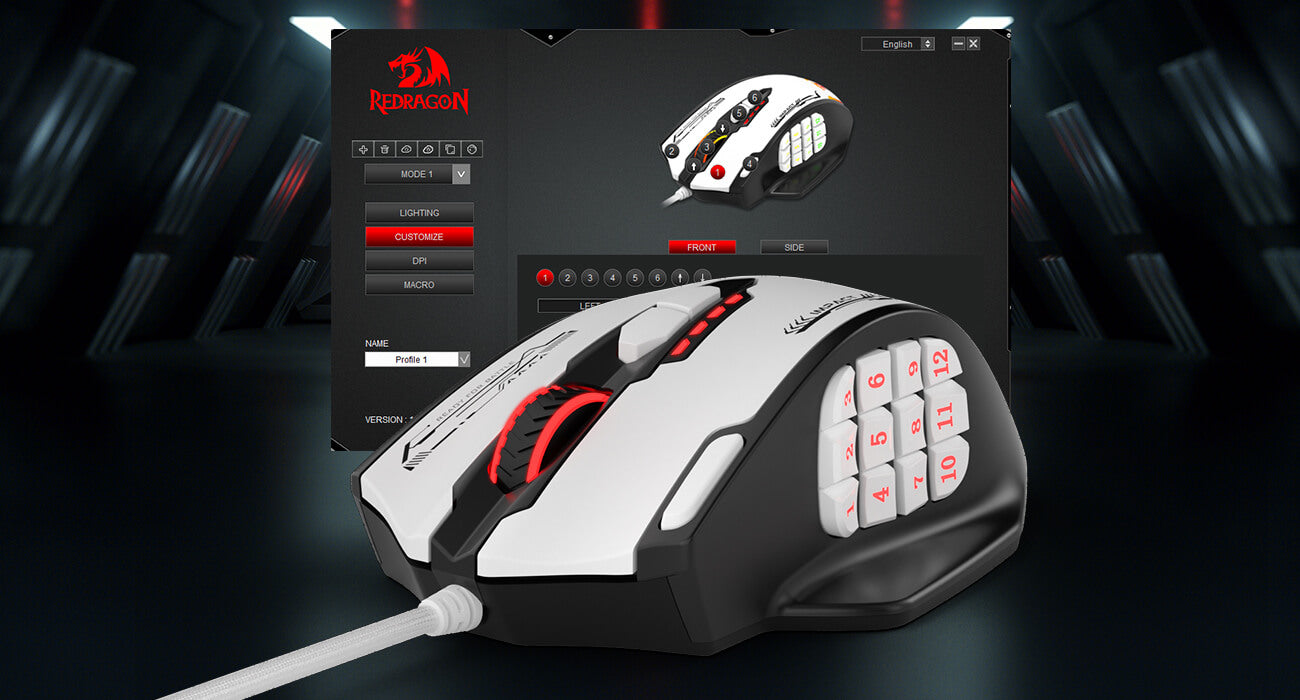White gaming mouse with red accents on a dark background, featuring a software interface in the b...