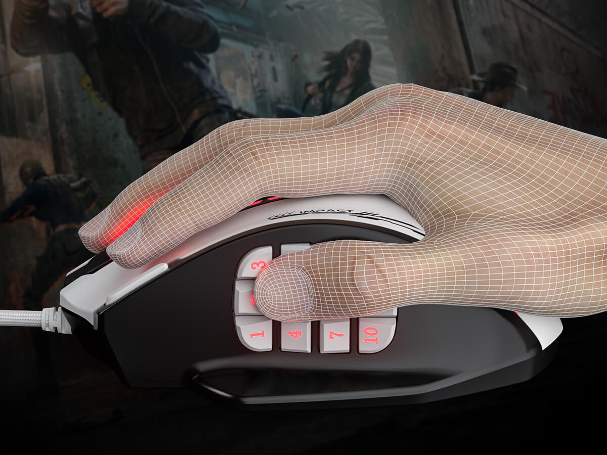 Gaming mouse with a hand wearing a brown glove on a dark background