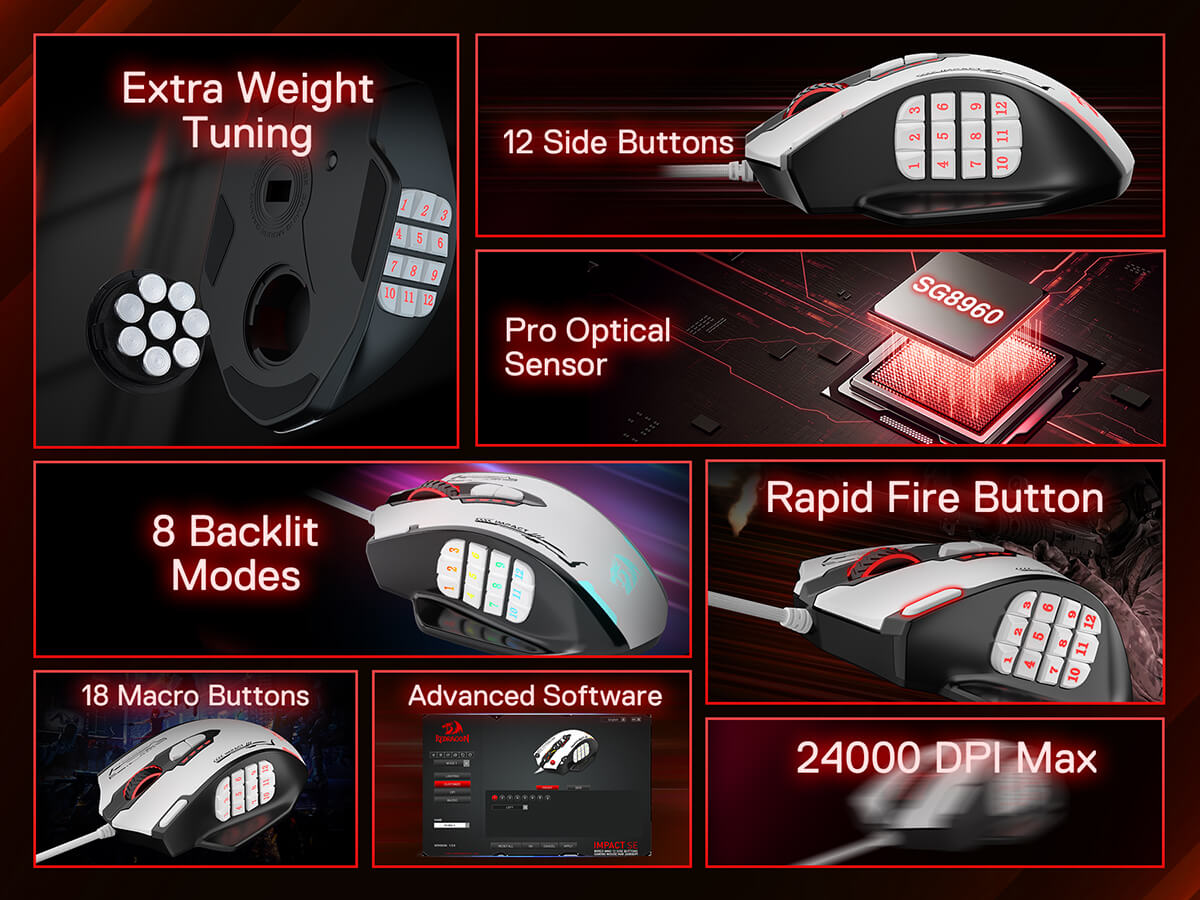 Gaming mouse with features highlighted on a dark background