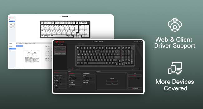 Keyboard with software interface on a computer screen, featuring text about web and client driver...