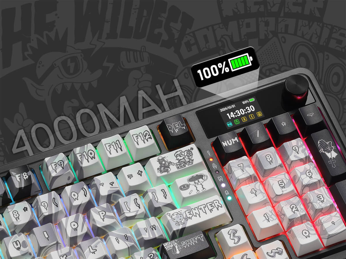 Gaming keyboard with digital display and battery indicator on a dark background