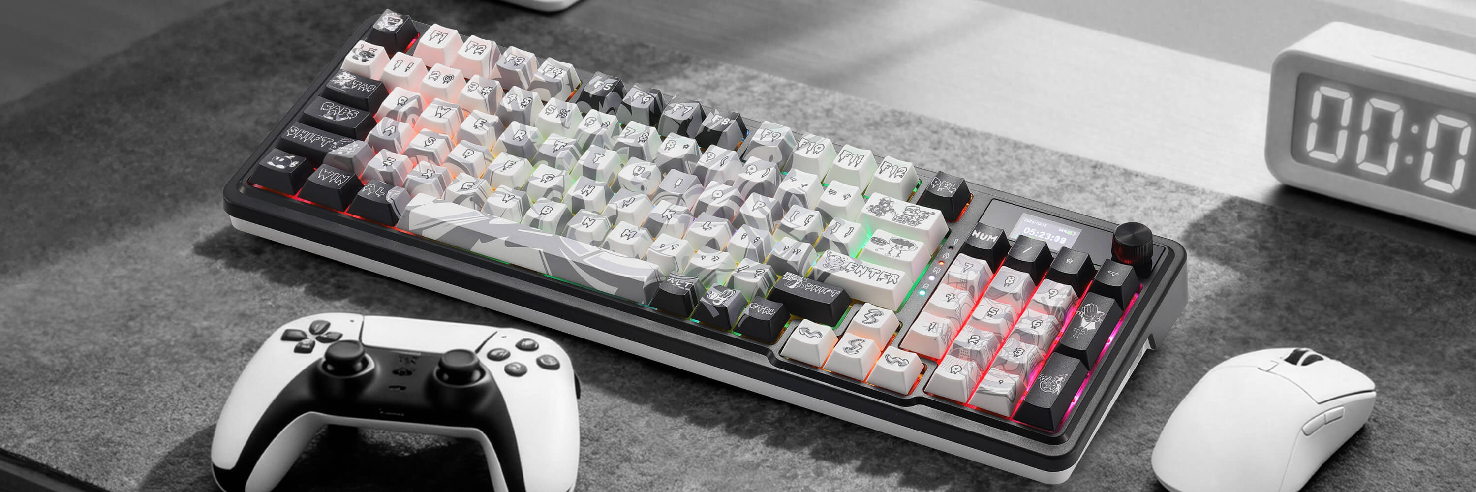 Mechanical keyboard with gaming controller and mouse on a desk