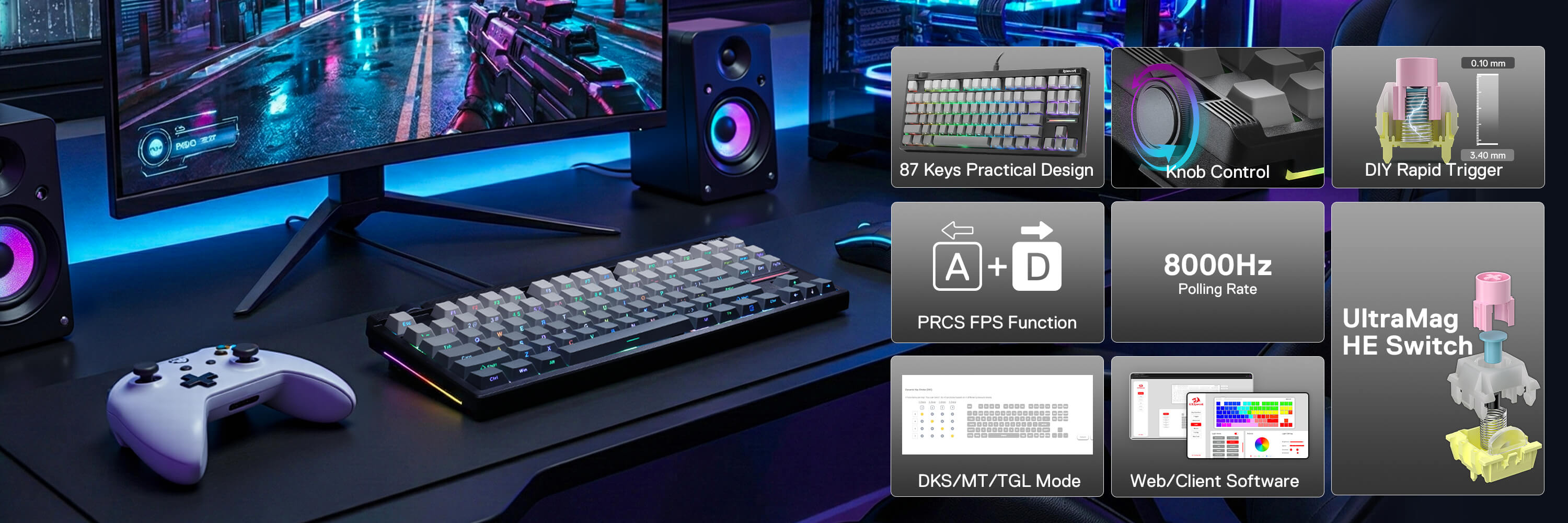 Gaming setup with monitor, keyboard, mouse, and gaming accessories on a desk.
