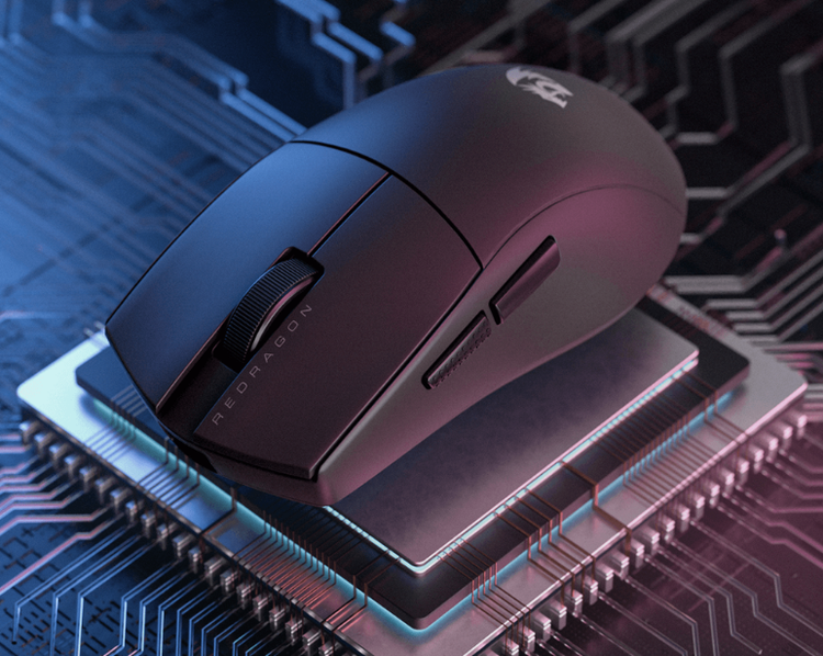 Redragon Gaming mouse on a circuit board with a blue and purple color scheme