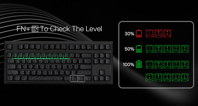 Redragon Mechanical keyboard with digital display showing battery level indicators on a black bac...