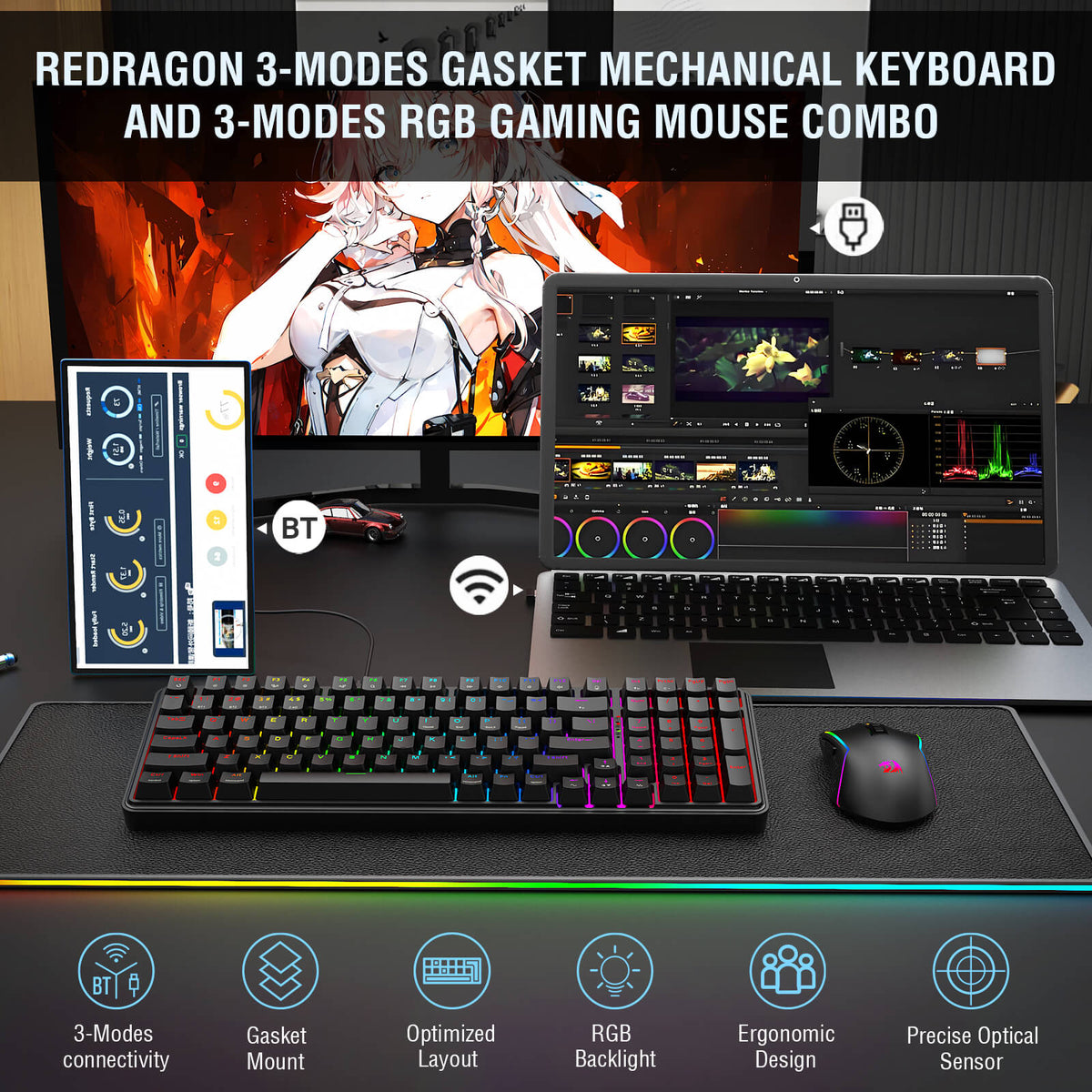 S162 3-Mode Wireless Gaming Keyboard & Mouse Combo, image 4 of 18 - enlarged view
