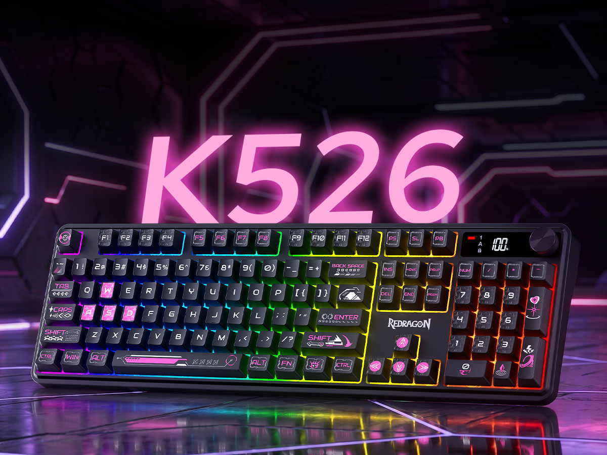 A Remington K526 mechanical gaming keyboard with RGB backlighting, shown on a reflective dark sur...