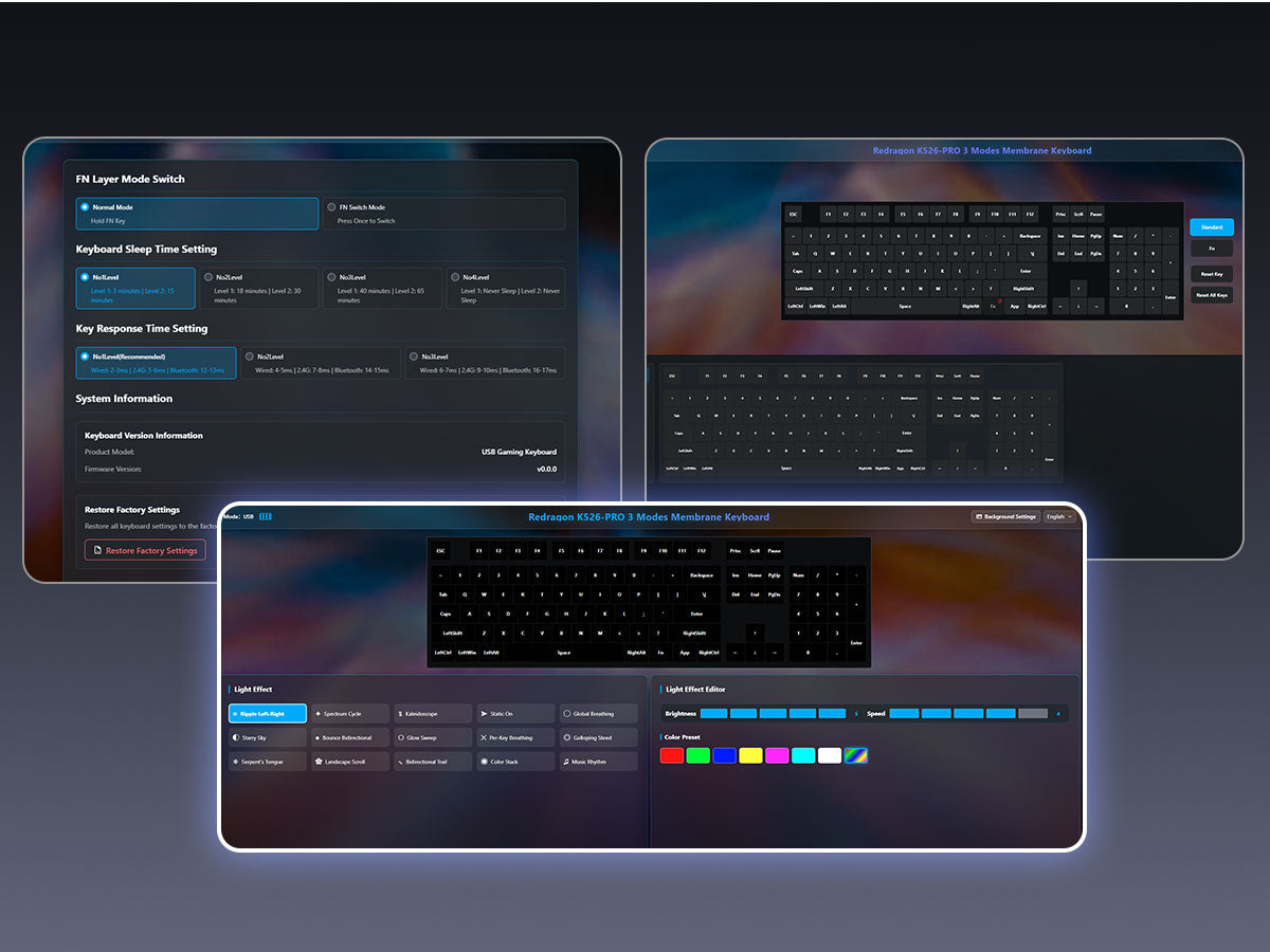 Three overlapping digital interface panels showing software settings for a keyboard, including a ...