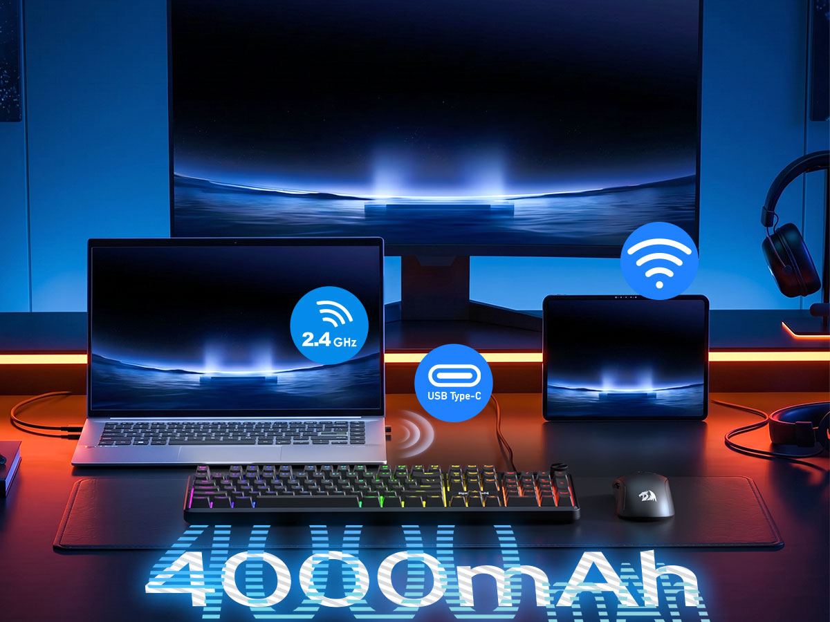 A 4000mAh wireless power bank shown with a laptop, tablet, and keyboard on a desk, featuring glow...